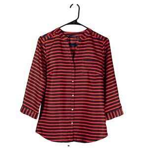 The Limited Womens Blouse Button Up Red Navy Blue Striped 3/4 Sleeve Shirt Top S